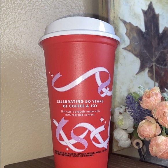 Starbucks 2021 Holiday Limited Red Plastic Reusable Cup 50 Years of Coffee Joy - Picture 2 of 4